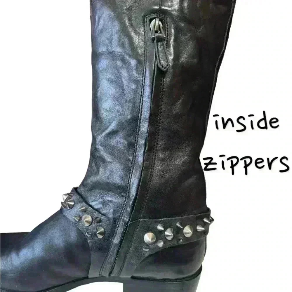 SAM EDELMAN tall leather spiked moto riding boots - black + tan - women 7 medium - Picture 13 of 16